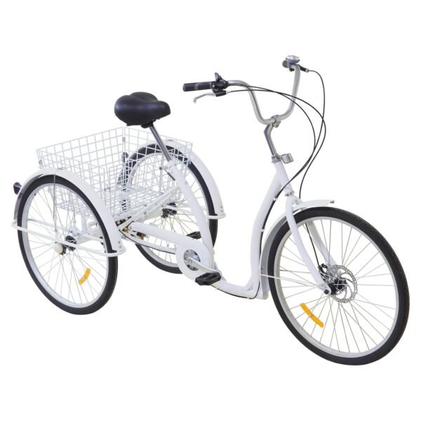 26 Inch Adult Tricycle, 6-Speed 3 Wheels with Shopping Basket, White Tricycle, Tricycle, Seniors, Urban Tricycle, Suitable for Cities, Beaches, Bike Paths and All Types of Roads