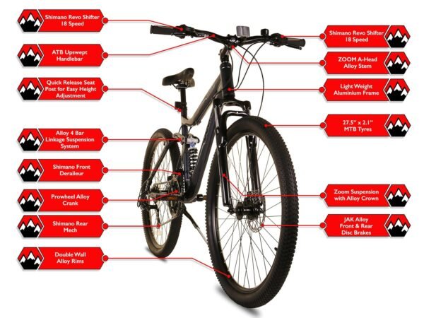 Bounty Boulder Full Suspension Mountainbike mit 18-Gang Shimano Schaltung und Scheibenbremsen für Abenteuerlustige