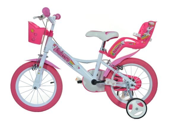 Dino Bikes Einhorn Kinderfahrrad 16 Zoll mit Korb Stützrädern Puppensitz ideal für Mädchen