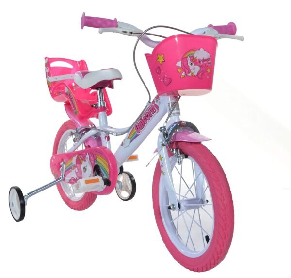 Dino Bikes Einhorn Kinderfahrrad 16 Zoll mit Korb Stützrädern Puppensitz ideal für Mädchen