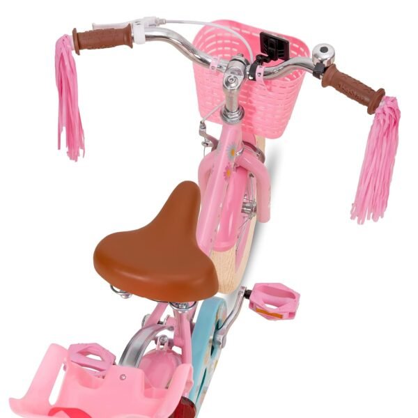 JOYSTAR Little Daisy 14 Zoll Kinderfahrrad mit Stützrädern Korb und Puppensitz Rosa