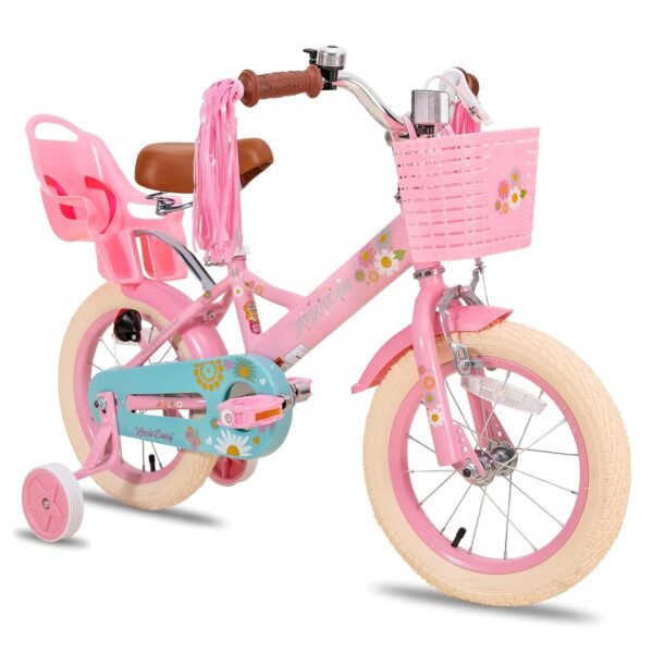 JOYSTAR Little Daisy 14 Zoll Kinderfahrrad mit Stützrädern Korb und Puppensitz Rosa