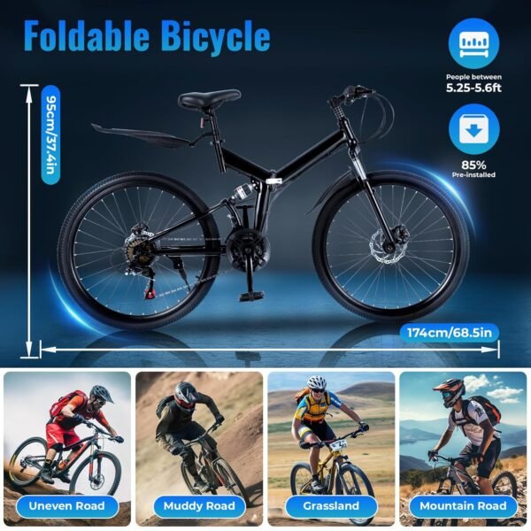 OBLLER 26 Zoll Klapprad Mountainbike mit 21 Gängen und robuster Doppelscheibenbremse für Jugendliche