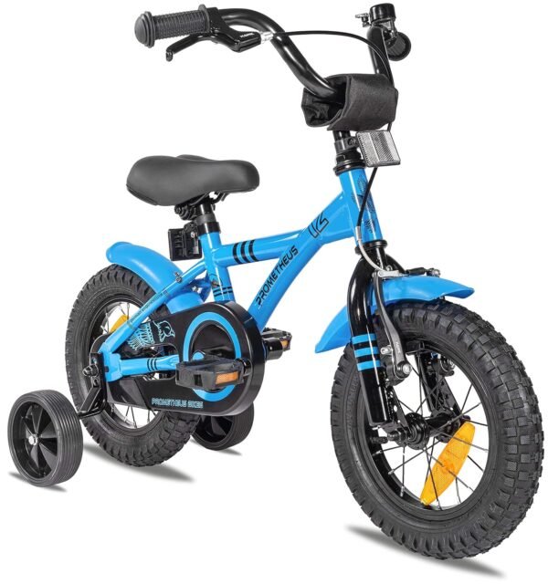 PROMETHEUS® 12 INCH KIDS BIKE IN COLOUR BLUE WHITE + with heavy duty removable Stabilisers + Backpedalling brake | For safe and carefree joy of playing kids aged from 3 years |...