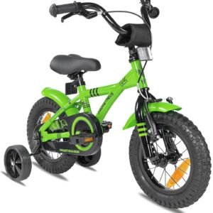 PROMETHEUS® 12 INCH KIDS BIKE IN COLOUR GREEN BLACK + with heavy duty removable Stabilisers + Backpedalling brake | For safe and carefree joy of playing kids aged from 3 years |...
