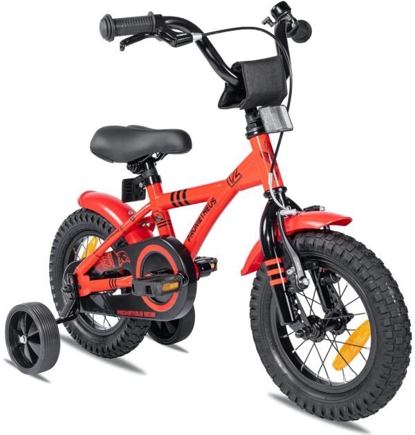 PROMETHEUS® 12 INCH KIDS BIKE IN COLOUR RED & BLACK + with heavy duty removable Stabilisers + Backpedalling brake | For safe and carefree joy of playing kids aged from 3 years |...