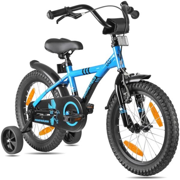 PROMETHEUS® 16 INCH KIDS BIKE IN COLOUR BLUE BLACK + with heavy duty removable Stabilisers + Backpedalling brake | For safe and carefree joy of playing kids aged from 5 years |...