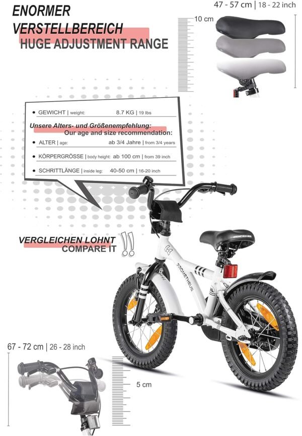 PROMETHEUS BICYCLES Kinderfahrrad 14 Zoll für Mädchen und Jungen mit Stützrädern und Rücktrittbremse sicher und leicht